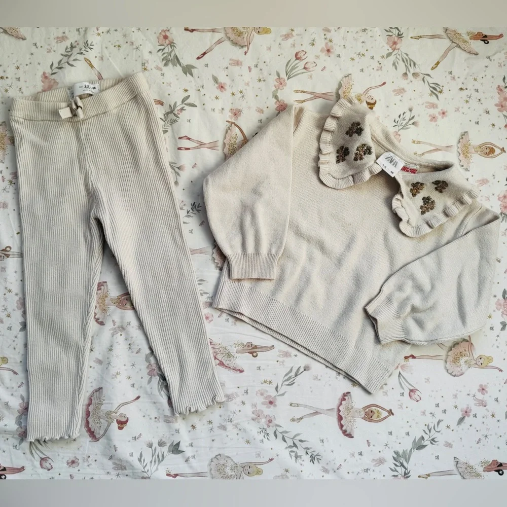 Zara Embroidered Knit Set Cream Girls 2-3 Years Cottagecore Minimalist